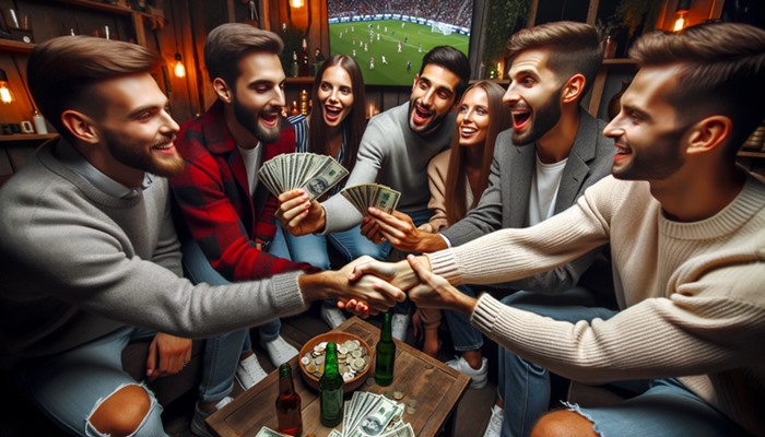 Freunde, die um einen Tisch wetten