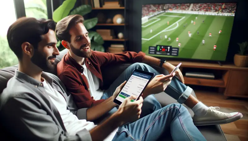 Zwei Personen, die während eines Fußballspiels im Fernsehen wetten