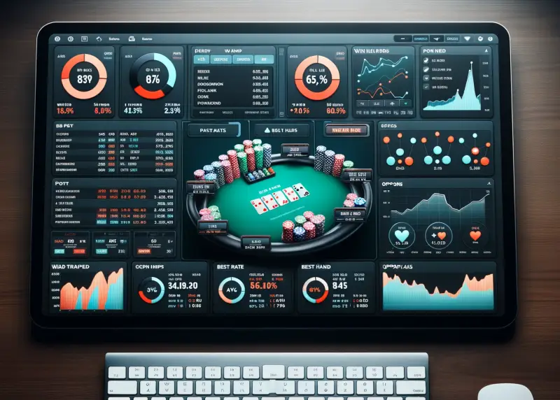 Bildschirm mit Online-Pokertisch umgeben von Statistiken