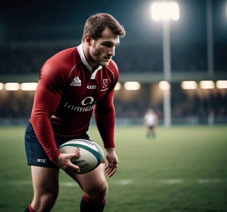 Ein Rugbyspieler auf einem Feld, der einen Ball hält