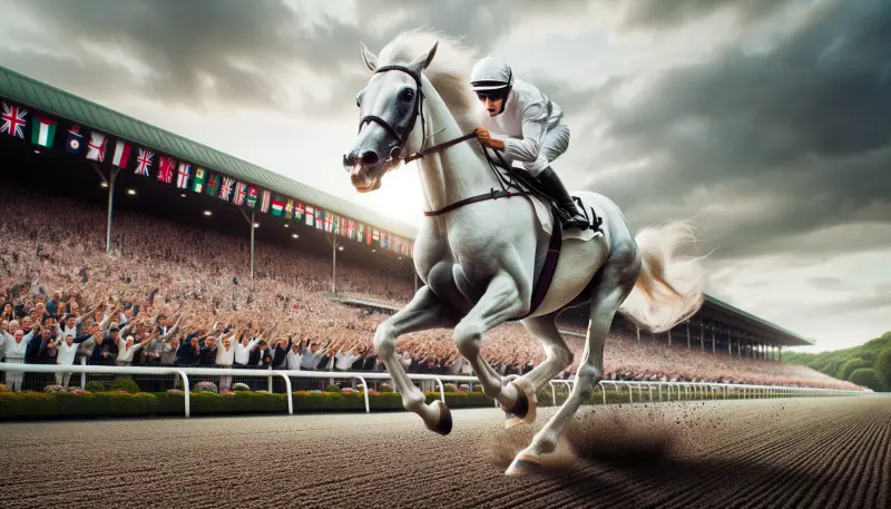 Ein Jockey auf einem weißen Pferd