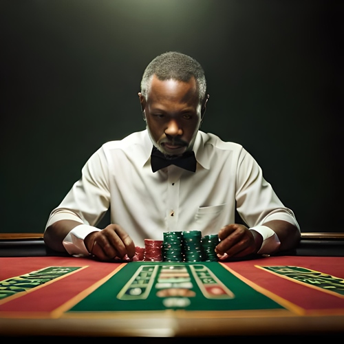 Ein Mann, der an einem Spieltisch sitzt und Fragen stellt