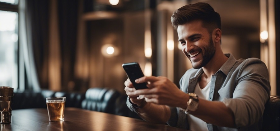 Ein glücklicher Wettender, der auf sein Telefon schaut